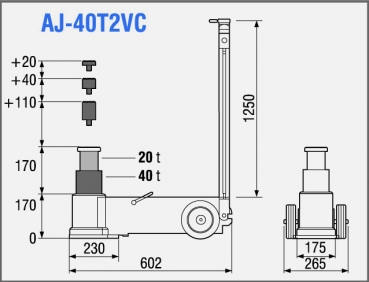 Preview: TDL AJ-40T2VC 2-stufiger lufthydraulischer Heber Tragkraft 40.000/20.000 kg Inkl. 3 Adapterstücke